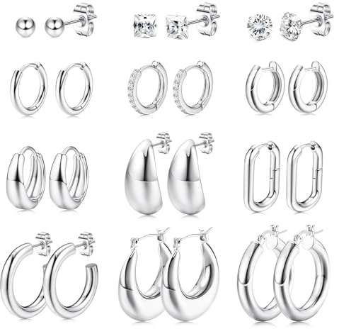 MILACOLATO 12 Paar Silber Plated Ohrstecker Set | Hypoallergene Huggie Ohrringe Ohrstecker für Damen und Mädchen mit Zirkonia | Nickelfreie Chirurgenstahl Ohrringe für Mehrere Ohrlöcher