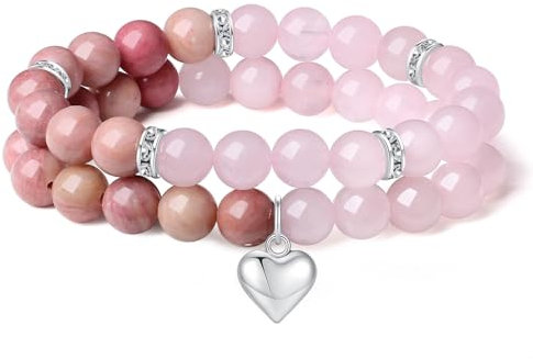 AWARDSEN 2 Pcs Bracelet Rose Quartz Crystal Heart Healing Bracelets for Women Pink 8mm Beaded Stretch Bracelets Valentine's Gifts
