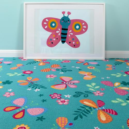 Steffensmeier Teppichboden Sophia Meterware | Auslegware für Kinderzimmer | Spielteppich | Schmetterling Türkis, Größe: 300x500 cm