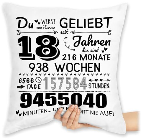 Kissen 40x40 Zierkissen - Endlich 18 - Du wirst von Herzen geliebt | 18. Geburtstag | Besondere Geburtstagsgeschenke für die Volljährigkeit | 18ter Geschenke für Jungen und Mädchen - 40 x 40 cm