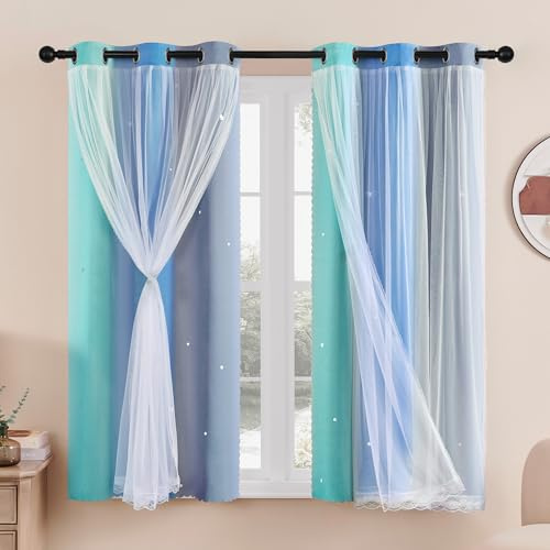XiDi Tende Oscuranti - Tende Ritagliate a Stelle per Camera da Letto Bambina Bambini Soggiorno Arcobaleno Tendaggi con Occhiello per Finestre Green BlueGrey/86/160/2 IT