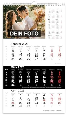 PhotoFancy® - Personalisierter 3-Monats-Wandkalender 2026 mit eigenen Fotos - Drei Monate auf einen Blick - Wandkalender mit Datumsschieber selbst gestalten