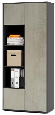 SIMPLYFURN Büroschrank Amira T30, Schrank mit DREI offenen Fächern, Anthrazit & Beton Oxid, Push-to-Open, 180x80x40 cm, Aktenschrank für Büro und Homeoffice