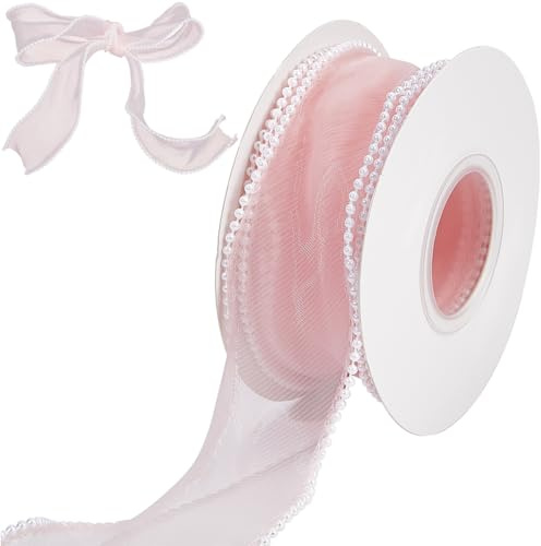 craspire 1-3/5 Zoll Rosa Chiffonband Mit Draht 5 Yards Durchsichtiger Tüll Massive Rolle Mit Organza Perlenbändern Verdrahtet Gewebt Für Geschenkverpackungen Hochzeitssträuße Heimdekoration Haar