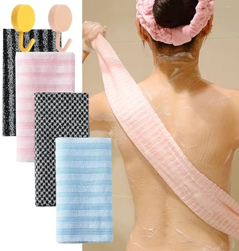 4 Stück Peeling-Waschlappen, Körperpeeling mit 2 Haken, Peeling-Handtuch für die Rückendusche