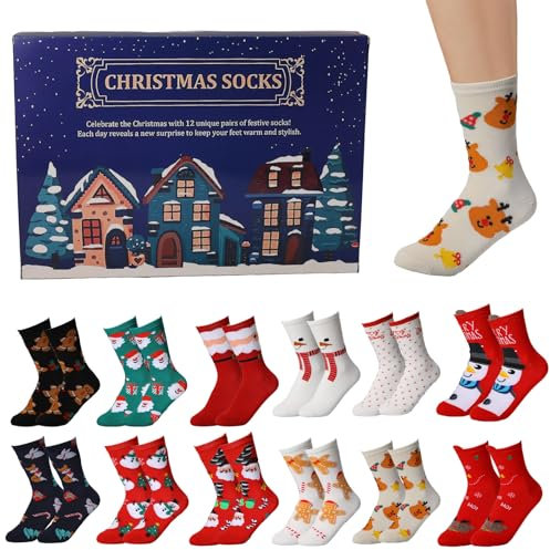 2024 Weihnachtssocken, Socken Adventskalender für Erwachsene Männer Frauen, 12 Paar Lustige Socken Countdown Kalender, Weihnachtsbaum Elch Schneemann Socken für Urlaub Weihnachten Party Geschenke (B)