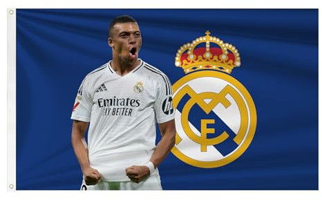 Kylian Mbappé Flagge, Banner 90 x 150 cm – Real Madrid Fans Merengues Liga Champions Fußball, langlebig, für drinnen und draußen, Fußball, 2 Ösen