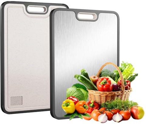 FONPOO Tabla Cortar Cocina Doble Cara,Tabla de Cortar Acero Inoxidable para Carne, Verduras, Frutas y Pan,Fácil de Limpiar(38,5 x 26,5 cm)