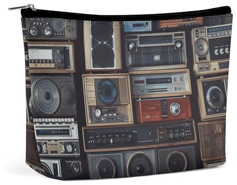 QMNVBDS Vintage Wall of Radio Boombox Make-up-Tasche, Reise-Kulturbeutel für Damen, wasserdichte Kosmetiktasche, kleine Reißverschlusstasche, tragbare Reisetaschen für Toilettenartikel, niedliche
