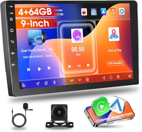 [Actualización] Autorradio 2 DIN Qualcomm 4G+64G con Apple CarPlay y Android Auto, Pantalla táctil HD de 9'' con GPS, Bluetooth, Mirror Link, SWC, EQ, FM, RDS, cámara de reversa AHD y micrófono