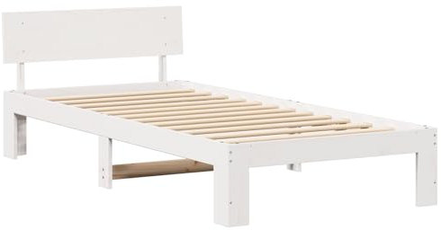 vidaXL Weißer Bettrahmen 90X190 cm Massivholz Kiefer Mit Kopfteil Modernes Design Geeignet für Innenräume Langlebig und mit reichlich Stauraum Plattform Minimalistisches Lackfinish Einzel