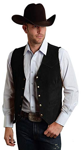 JULUOYIE Men's Suede Leather Vest Vintage Slim-Fit Cowboy Waistcoat Black