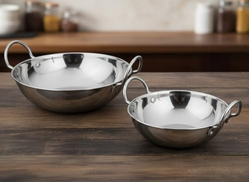SuperGift.com Stainless Steel Balti Bowl, 18cm Serving Dish for Curries, Rice and Accompaniments, Sturdy Metal Bowl (2)