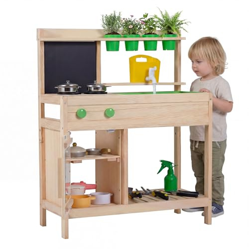 DREAMADE Matschküche Kinder Outdoor, Kinderküche mit Wasseranschluss, Wassertank, Spüle, Tafel & Blumentöpfen, Spielküche aus Massivholz, Outdoor Küche inkl. Zubehör für Kinder ab 3 Jahren