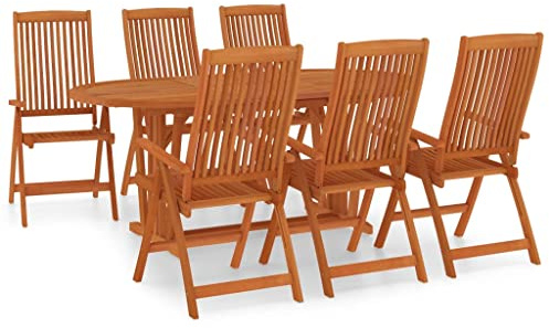 HFXHIJXQ 7-TLG. Gartenmöbel-Set aus massiver Eukalyptus 150-200 x 100 x 75 cm ausziehbarer Holztisch mit 6 klappbaren Liegestühlen platzsparend für Balkon Terrasse Outdoor Lounge