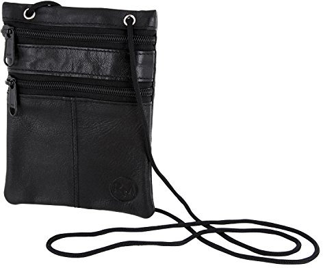 Brustbeutel Leder - Groß Schwarz Braun Vintage Geldbeutel Geldbörse Umhängen Sichtfenster Damen Herren Mädchen Jungen Kinder Busausweis Kleingeld Sichtfach Reißverschluss RFID Reise