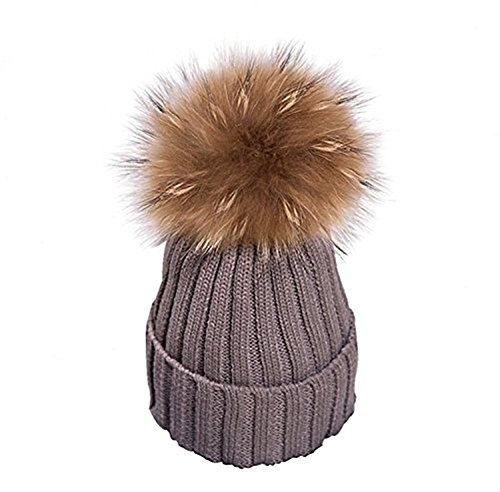 feifanshop Warm Mütze Pelz Bommel Echtpelz Waschbär Ski-Mütze Fellbommel Pelzbommel Raccoon (Dunkles Khaki)