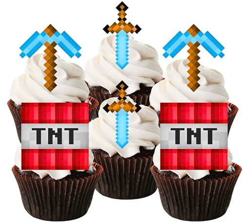 Vorgeschnittene Gamer-Cupcake-Topper, essbarer Pixel-Kuchenaufsatz, Gaming-Geburtstag, TNT-Party-Dekoration, 5 cm (Packung mit 12)