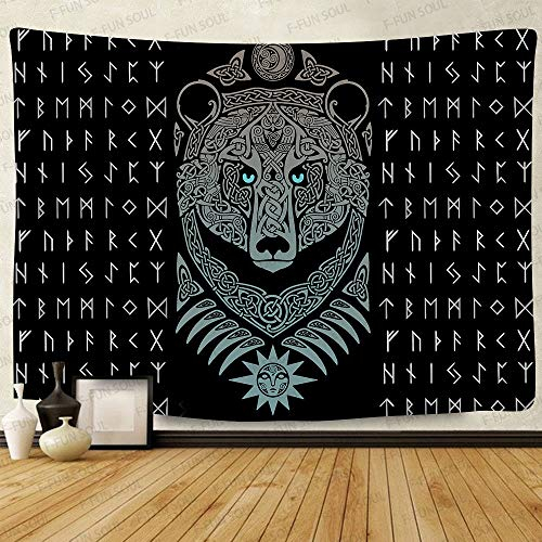 F-FUN SOUL Vikings Tapisserie Wikinger Bär Wandteppiche 80 x 60 Zoll nordische Wikinger Dekor für Männer Mysteriöse Meditation Psychedelische Runen Tapisserie Wandbehang Tapisserie für Wohnzimmer