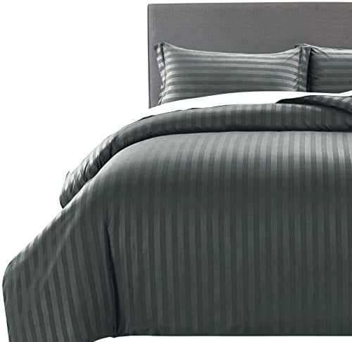 MOONLIGHT20015 Double Duvet Set Reversible Stripes Satin Double Bedding Set with 2 Pillowcases Soft Hypoallergenic Duvet Cover (Charcoal 200x200 CM)