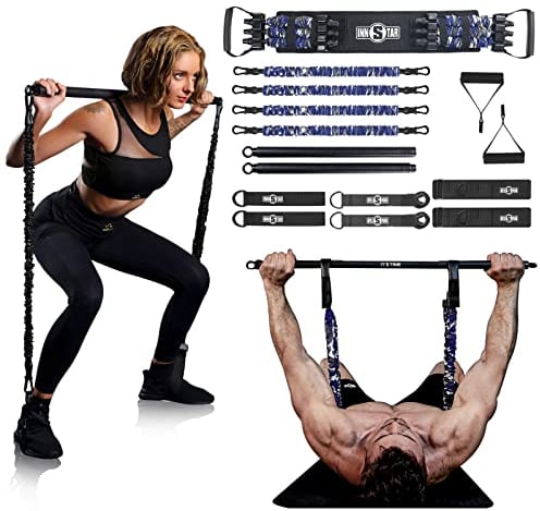 INNSTAR Portable Home Gym Set with Workout Bar, Bench Press Set, Squat Resistance Band, Door Anchor and More-Full Body Workout Equipment to Build Muscle and Shape Body (Women|105LB 10 Rope)