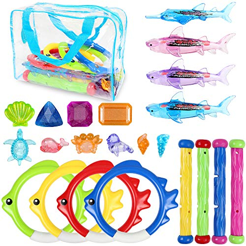 OWUDE 28Pcs Pool Toys Age 14+ for Kids 8-10 Age, Diving Rings Sticks Shark Underwater Sinking Glow Gem Treasures Games Dive Toys with Storage Bag for Swimming Pool
