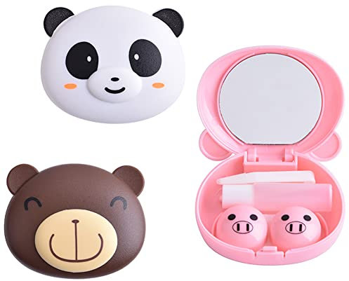 Kontaktlinsenbehälter mit rosa Schweinchen, Reise-Set, süßes tragbares Panda-Tier-Kontaktlinsenbehälter, Aufbewahrungsbehälter mit Spiegel, Flasche, Pinzette, Stift-Entferner, 2 Stück