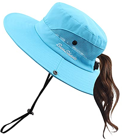 Pesaat Sonnenhut Damen UV Schutz Fischerhut knautschbarer Wasserfester Sommerhut mit Kinnband gartenhut Boonie hat damenfür Gartenarbeit Reisen Wandern Angeln (Blau-Einfarbig, Gr.Erwachsener)