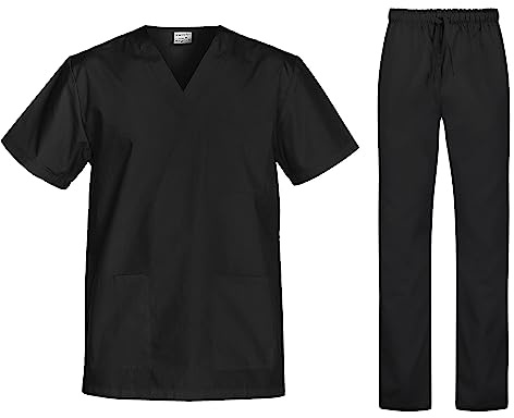 B-well Cesare Uniforme Sanitaria Donna e Uomo Unisex Set con Camice e Pantalone, nero, L