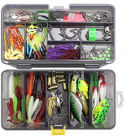 ZOKBOM Fishing Kit, 168 PCS Mixed Soft Lures Baits Tackle Set for Freshwater Saltwater, Includes Plastic Worms, Jigs, Hooks, Frog Lures With Tackle Box