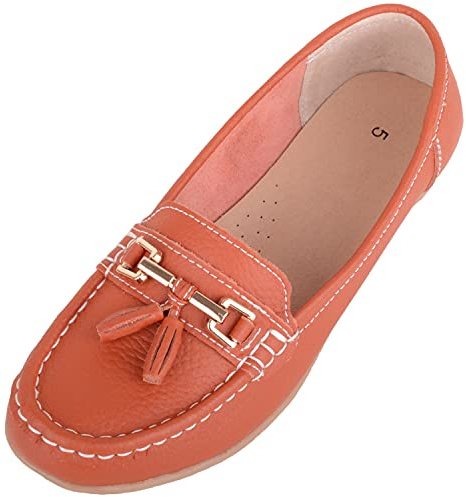 ABSOLUTE FOOTWEAR Womens Slip On Leather Loafer/Deck/Boat Shoes, Orange, UK 5