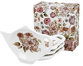 duo Teebeutelablage Pastel Flowers White 4er Set Teebeutelablagen Teebeutelhalter Teebeutel-Ablagen Teebeutel-Halter Blumenmotiv Blumen Porzellan Weiß Teekanne
