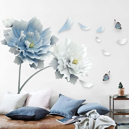 COVPAW® Wandtattoo Wandaufkleber XXL Pfingstrose Blau Blumen Wandsticker Wandbild Bilder Wohnzimmer Schlafzimmer Deco
