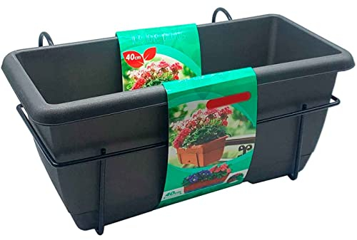 Tradineur - Jardinera 12 litros para balcón con Plato y Soporte de metálico - Modelo PLFT - 50 x 20 x 17,5 cm - Color Gris