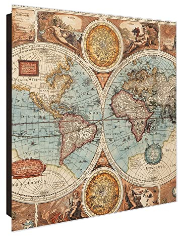 banjado® Großer Schlüsselkasten Glas/Schlüsselbox 30cm x 30cm mit 50 Haken - Motiv Historische Weltkarte/Schlüsselkasten modern für Schlüsselaufbewahrung mit beschreibbarer, magnetischer Glastür