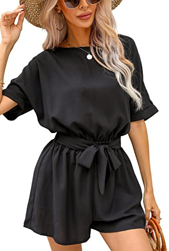 CUPSHE Women's Romper Boat Neck Casual Short Sleeves Jumpsuit Empire Waist Belt with Back Cutout Black M