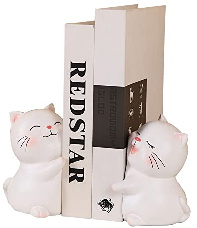FROATS Katzen-Buchstützen Für Schwere Bücher, Schöne Cartoon-Katzen-Buchstützen Aus Kunstharz, Dekorative Schwere Buchstützen Für Regale, Geschenke Für Katzenliebhaber (Color : White)