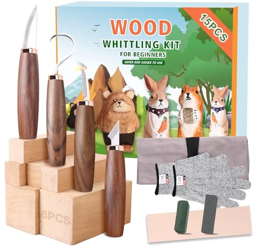 Utensili per intaglio del legno, 15 pezzi, con manico in noce nero, coltello da intaglio del legno, coltello a spatola, coltello per uncinetto, masse lucidanti, pietra abrasiva, guanti resistenti al
