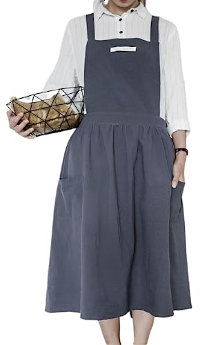 Schürze damen, japanische kochschürze damen, Baumwolle und Leinen, mit gekreuzten Trägern, Lätzchen, einfarbig, Baumwolle, Vintage, Küchenschürze mit 2 Taschen Gartenarbeit, Floristik