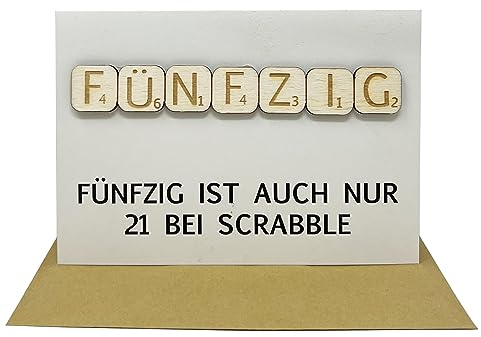Woodland Mail Lustige Geburtstagskarte mit echten Holzsteinen auf der Vorderseite - Scrabble-Stil (50 Geburtstag)
