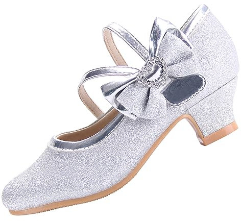EIGHT KM Scarpe Mary Jane con Tacco Alto da Ragazza Principessa per Matrimonio e Festa EKM7035 Scintillio Glitterato Cuore Diamante Fiocco Argento Misura EU 30