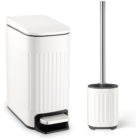 TrashAid Badezimmer Mülleimer mit Toilettenbürste - 6 Liter / 1,6 Gallonen Badezimmer Mülleimer mit Deckel Soft Close + Silikon Toilettenbürste und Halter Set, Weiß Badaccessoires, 2er Set