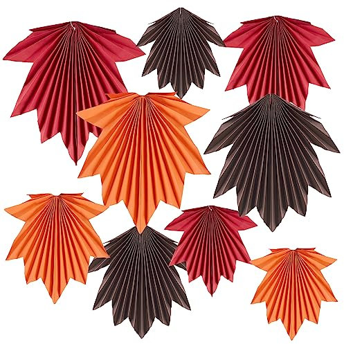SUNBEAUTY Fall Orange Maple Paper Leaves Fans for Fall Party Decorations Hanging Leaf Fall Paper Fans for Autumn Thanksgiving Woodland Birthday Baby Shower Rustic Wedding Party Decorations