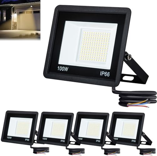 LARS360 LED Strahler Außen, 5er 100W Superhell Fluter, IP66 Wasserdicht 7000LM Außenstrahler Abstrahlwinkel 120°, LED Scheinwerfer für Garage, Hinterhof, Türen, Flur, Garten (Warmweiß, kein Stecker)