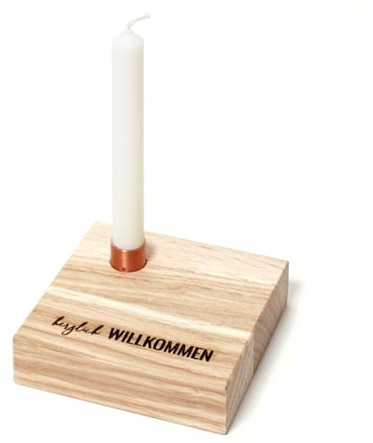 SKONIDA Kerzenständer Willkommen aus Holz mit Gravur herzlich Willkommen – Mini Kerzenhalter - Kerzenbrett Eiche mit Kupfer Hülse für Baumkerze – Geschenkidee – minimalistisches Kerzenbrettchen