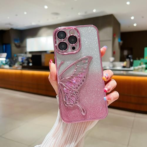 FIFTHAVE Custodia per iPhone 12 con glitter e sabbia mobile farfalla custodia protettiva in silicone trasparente galvanizzata morbida TPU Bumper Aesthetic Cover per iPhone 12 6.1'' rosa