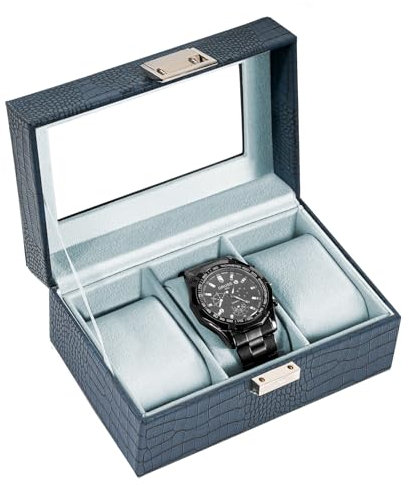 ProCase Uhrenbox mit 3 Fächern, Uhrenkasten mit Glasdeckel, Uhrenkoffer mit Uhrenkissen, Uhrenaufbewahrung, Premium-Uhrenschatulle, PU-Leder Uhrenkasten, Watch Box für Herren - 3 Fächer, Blau