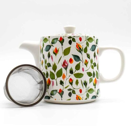 Ceramic Rosebud Teapot with Stainless Steel Infuser, 1L Capacity – Elegant British Design, Heat-Resistant & Dishwasher-Safe – Perfect for Loose Leaf Tea or Tea Bags