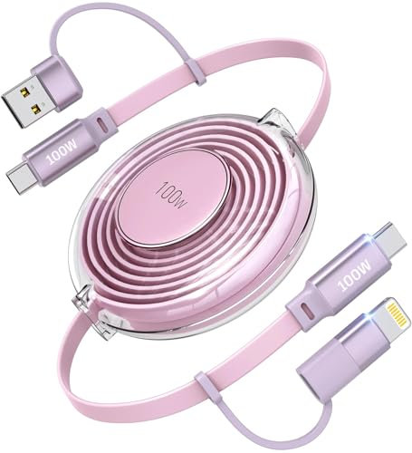100W Retractable USB C Cable, USB-C/A to Lightning/Type-C Retractable Charger Cord, Fast Charging for iPhone 15, 16, Samsung, MacBook, Supports CarPlay, Android Auto