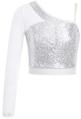 Miaeowve Kinder Mädchen Pailletten Shirt Kurz Oberteil Glänzend Party Top EIN Ärmel Mesh Patchwork Tanzkleidung Party Bühnenauftritt Performance Kostüm Silber 134-140